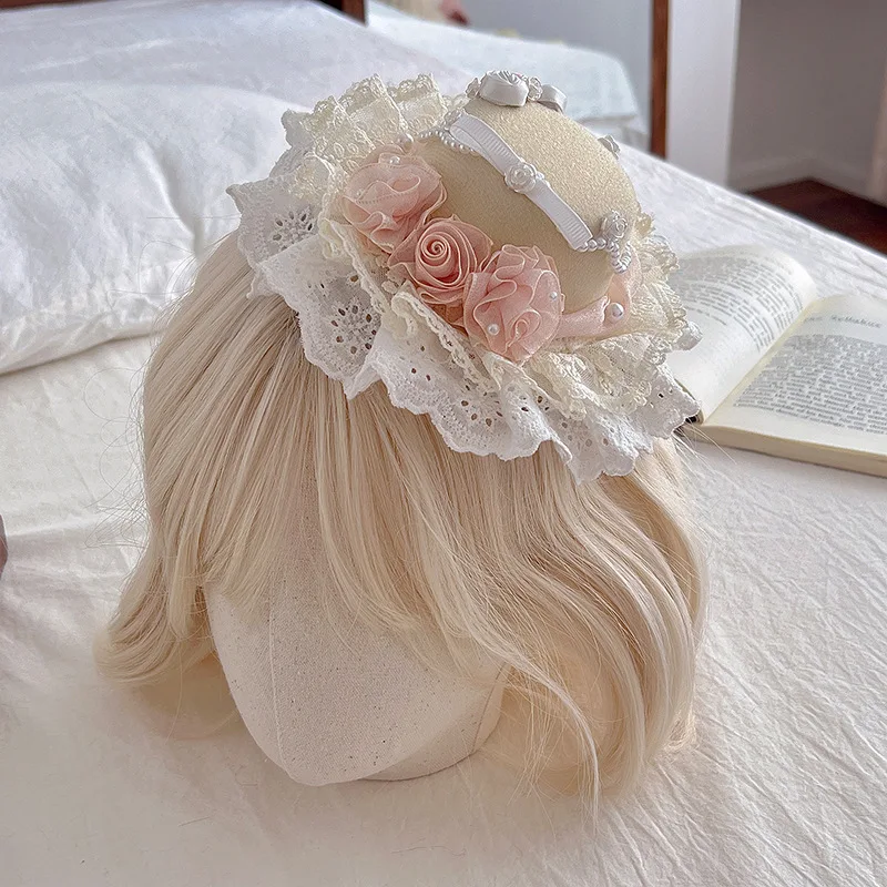 

Lolita White Pink Versatile Lolita Bridal Elegant Flat Hat, Top Hat, Headgear, Hair Accessories, Birthday Cap