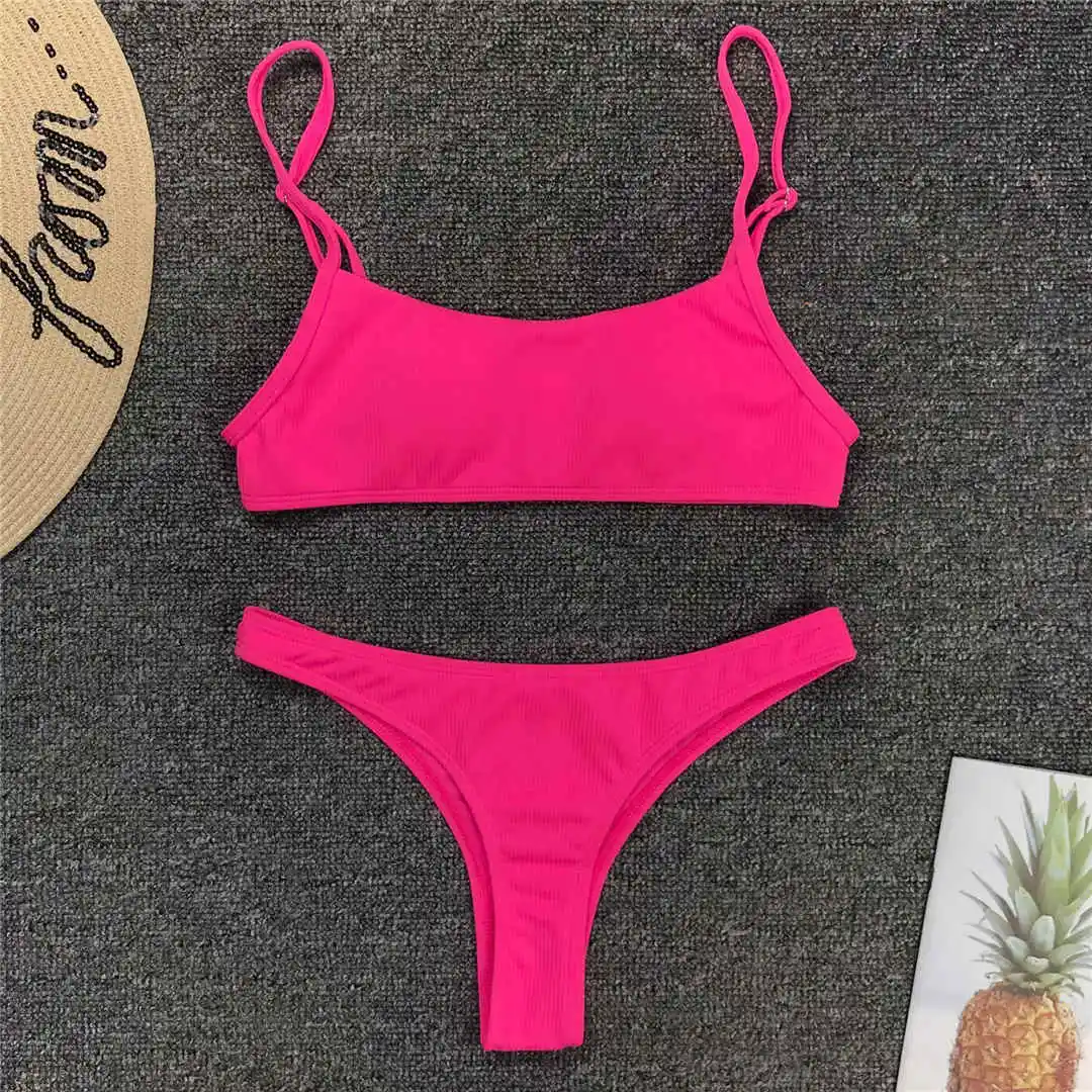 Sexy Neonpink gerippter brasilianischer Damen-Badeanzug, Bikini mit niedriger Taille, zweiteiliger Bikini-Set, Badeanzug V1295 – Detail 17