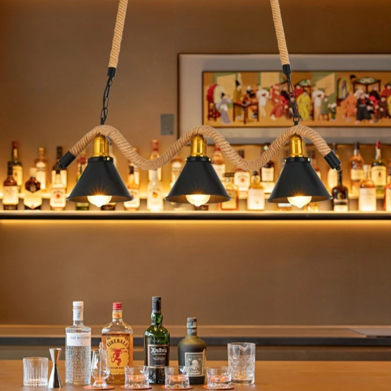 American Retro Industrial Style Pendant Lights Hemp Rope Wrought Iron Chandeliers Restaurant Bar Decoration Illumination Lamps