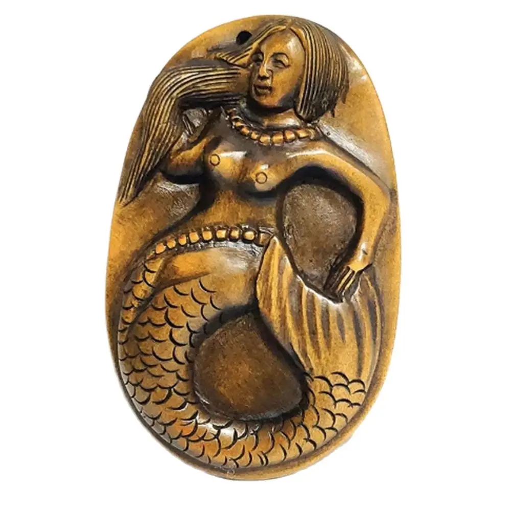 Y53, 2 Inch Japanse Buxus Handgesneden Netsuke Sculptuur Miniatuur: Mooie Zeemeermin Meisje