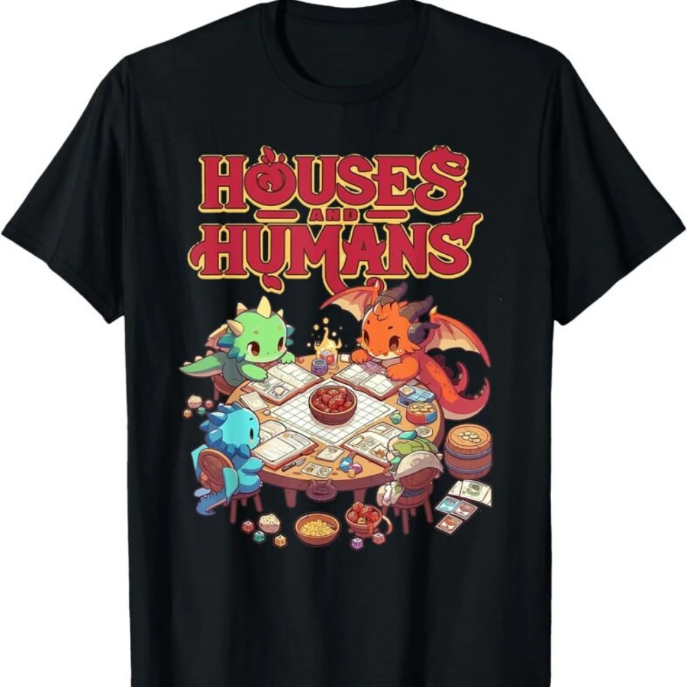 "HOUSES AND HUMANS" Dragon & Cabin Graphic T-Shirt 100% Cotton O-Neck Short Sleeve Summer Casual Mens T-shirt Streetwear