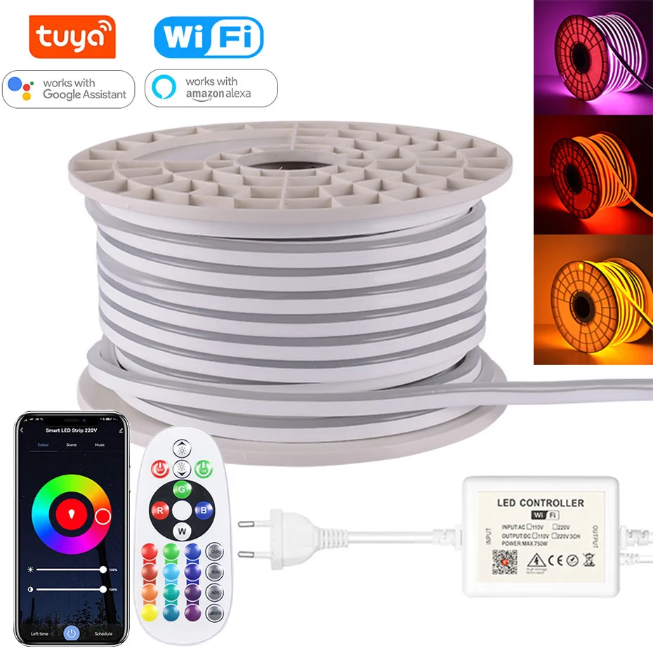 

220V Tuya WiFi RGB Led Neon Light 10M 20M 50M 100M EU UK AU Plug Waterproof Led Strip Bluetooth Remote Outdoor Garden Lighting