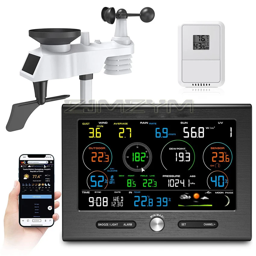 0371 Weather Station  7-in-1 Outdoor Sensor Alerts Detector Indoor AQI PM2.5 PM10 CO2 Monitor With WiFi Remote Monitoring