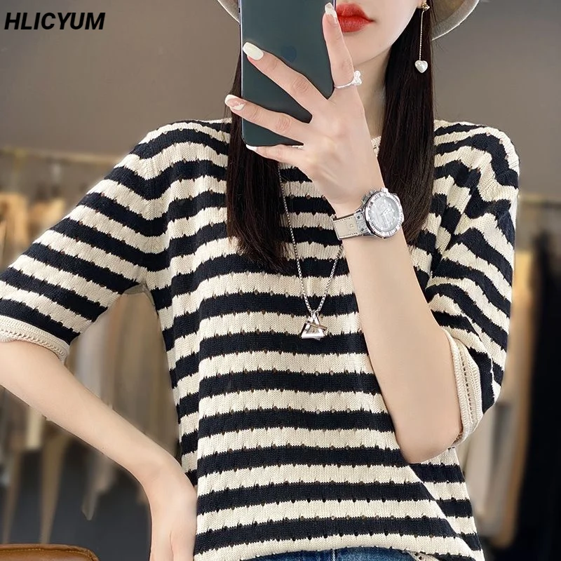 

Women's T-shirt Summer Cotton Sweater Short Casual Striped Knitwear Round Neck Ladies Tops Hollow Blouse Loose Pullover Tees