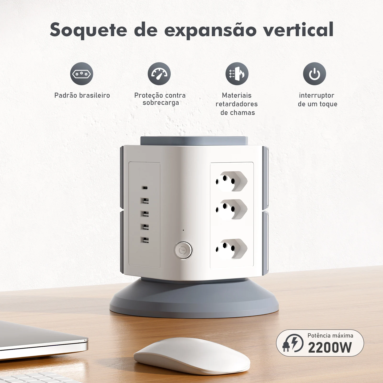 Extensão Vertical com 9 Tomadas BR + 4 USB + Type-C - 2200W, Proteção Sobrecarga e Design Compacto para Casa/Escritório