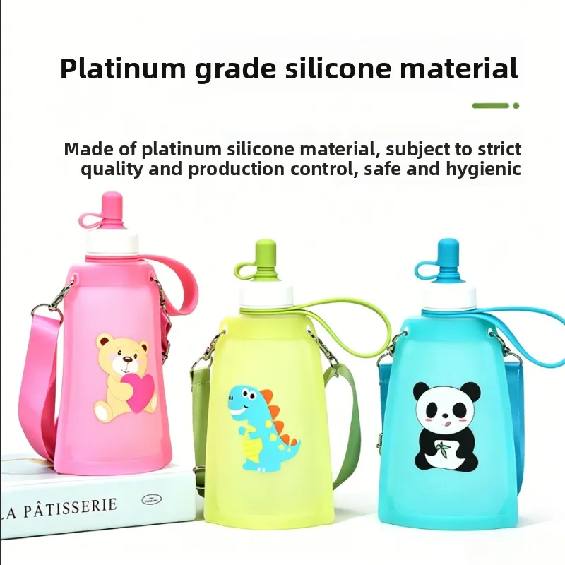 Foldable Silicone Water Bottle, Food Grade Leak Proof Anti-Choking Portable Water Pouch for Kids Students Outdoor Sports Travel