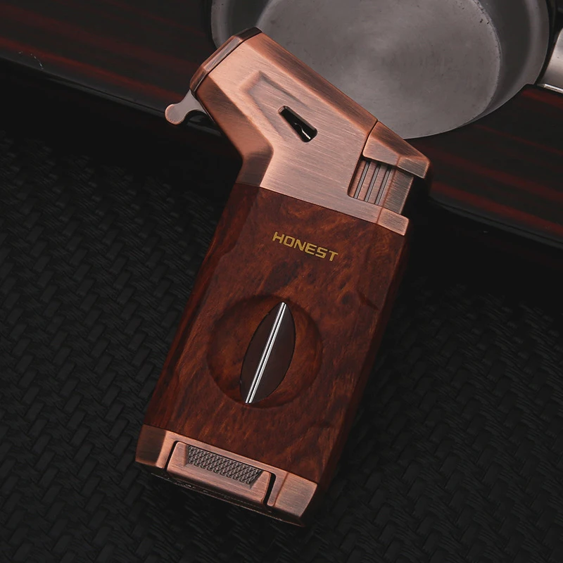 Inflatable windproof wood grain cigar lighter with high firepower and high-pressure direct flame V-shaped cigar cutter Cross bor