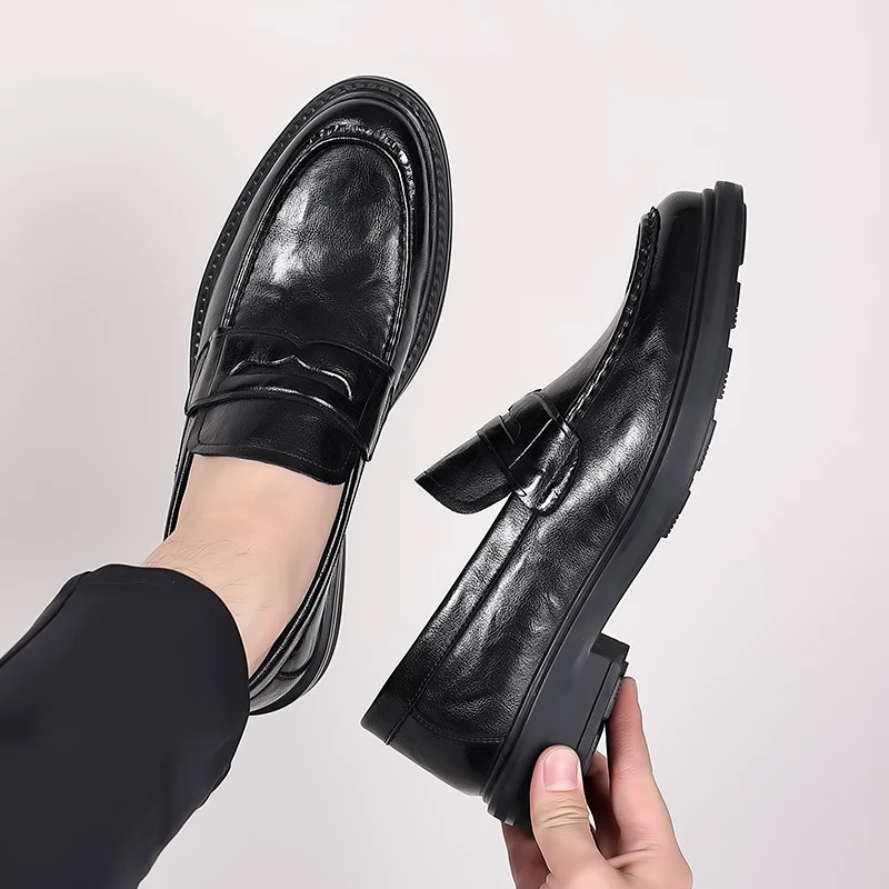 Zapatos italianos de cuero de alta gama sin cordones para hombre, zapatos de vestir de negocios con punta cuadrada, mocasines casuales formales sin