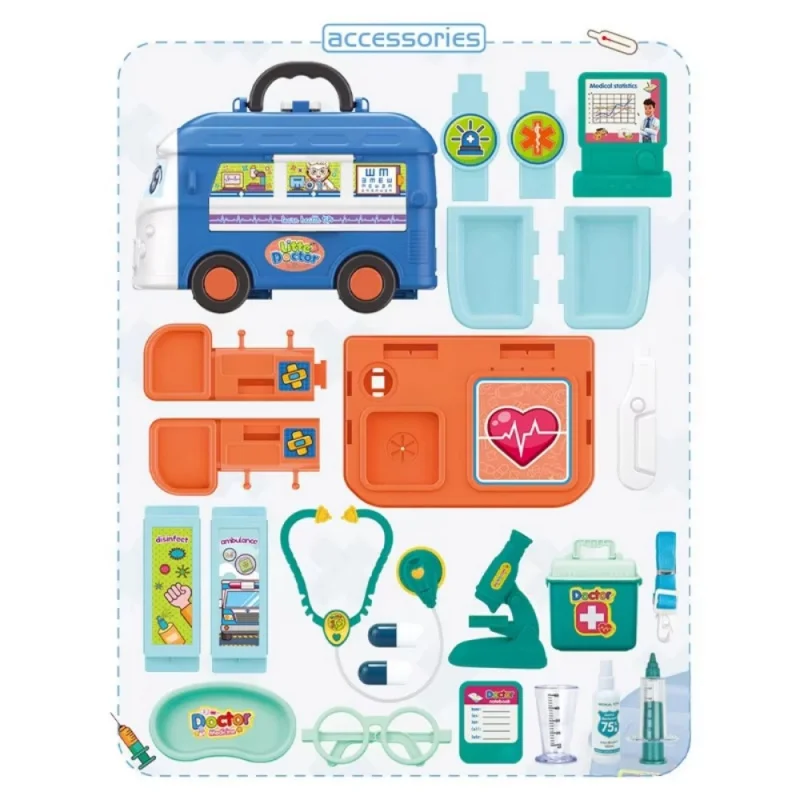 Children Pretend Simulation Plastic Educational Toys Bus Sets Doctor Kit，5 in 1 Doctor Play Kit for Kids Age 3+ Boys Girls