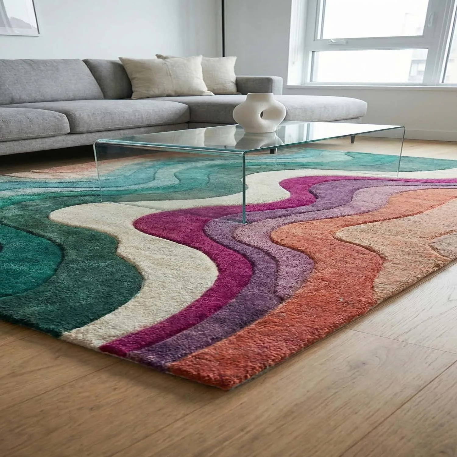 Room Decor Rug Green Purple Orange Cream Color Block Wavy Curve Retro Area Rug, Plush Floor carpet, rugs for livingroom, rug for bedroom, Rectangle Floor Mat, Suitable for Apartment Lounge, Vintage Ar