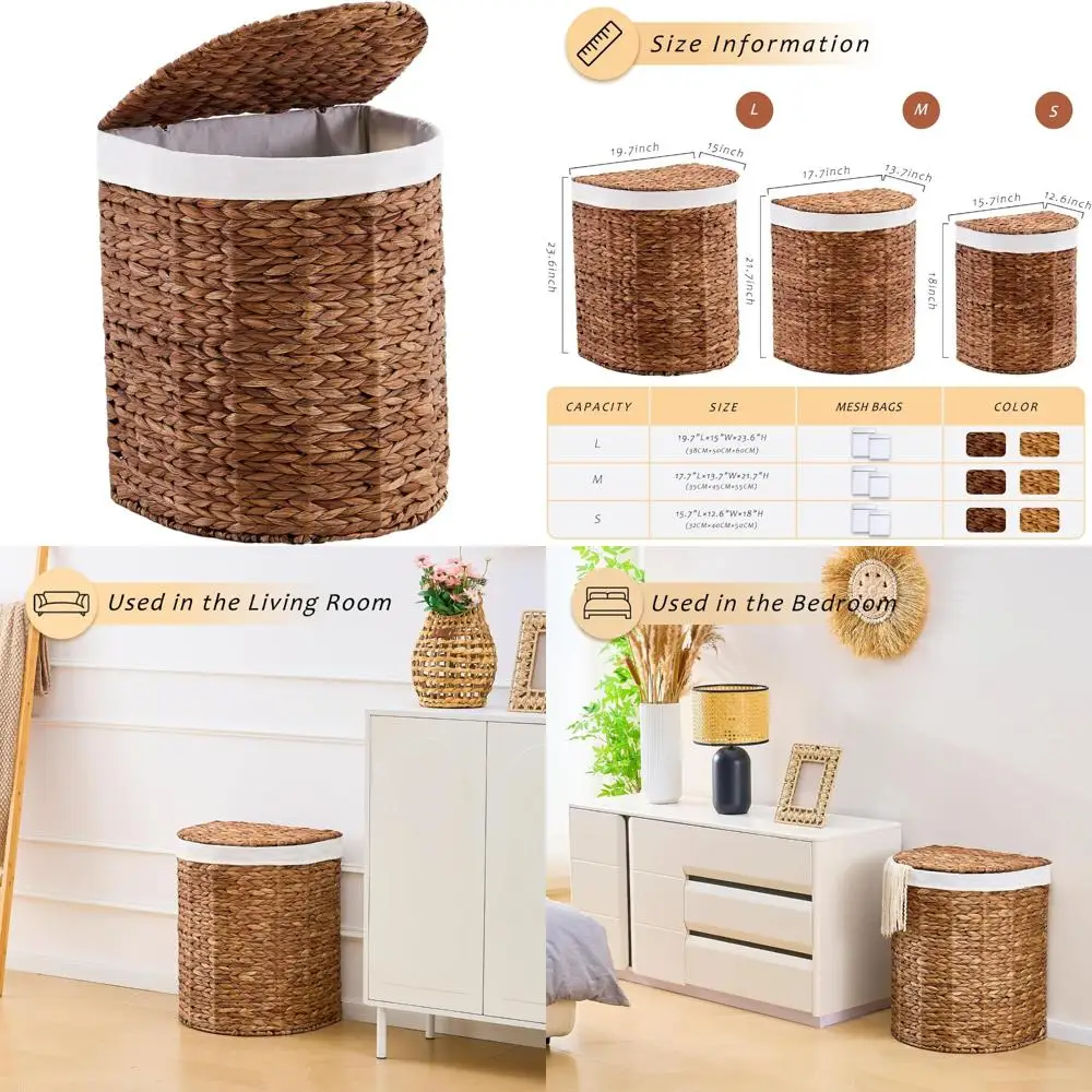 Cesto para la colada de jacinto de agua de estilo bohemio tejido a mano con bolsas de tela extraíbles, cesta en forma de media luna para almacenamiento de ropa