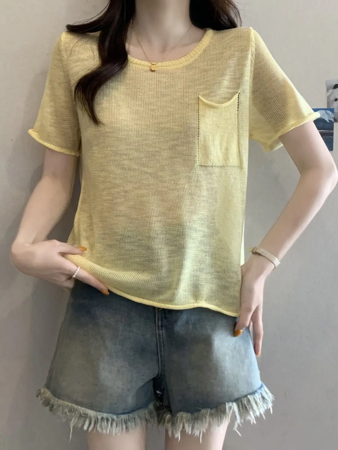 Thin Ice Silk Short Sleeve T-Shirt Women's Summer Base Shirt Transparent Design Back Strap Top Comfortable Breathable Knitted