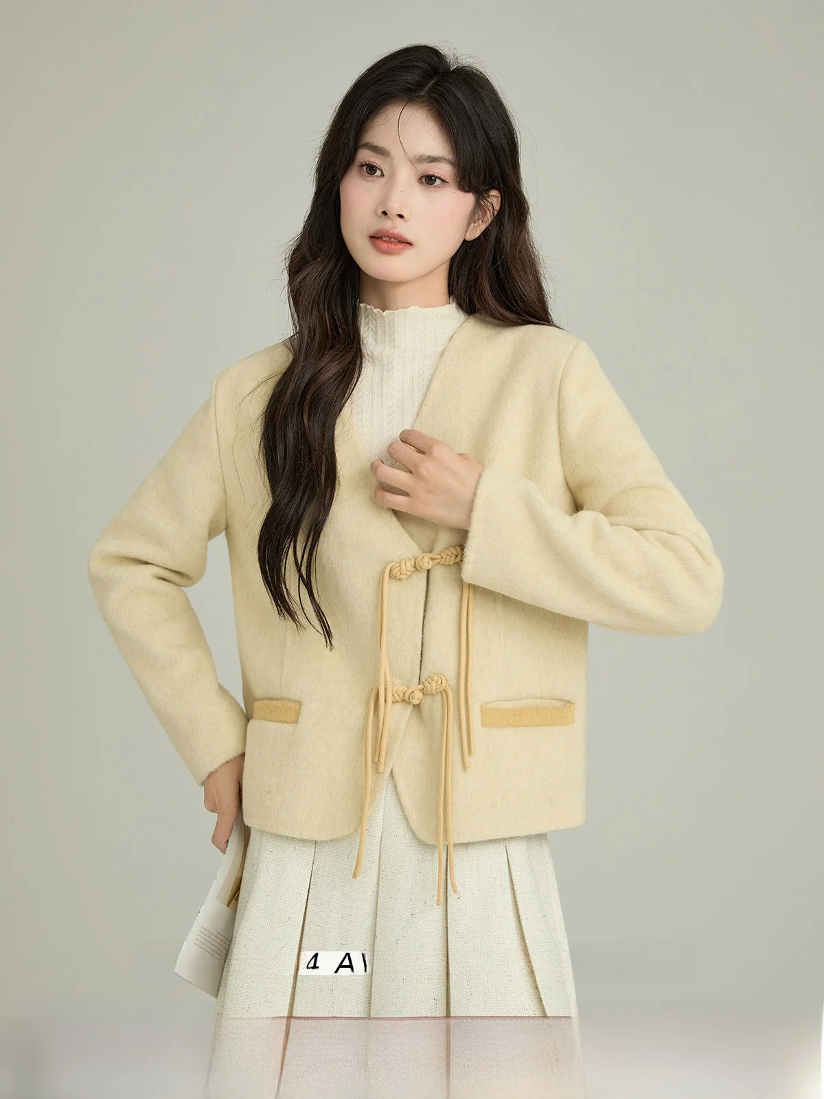 

Double-Faced Camere Woolen Coat Women's V-Ne Beige Winter Outerwear Commute Sle Long Sve Regular Length