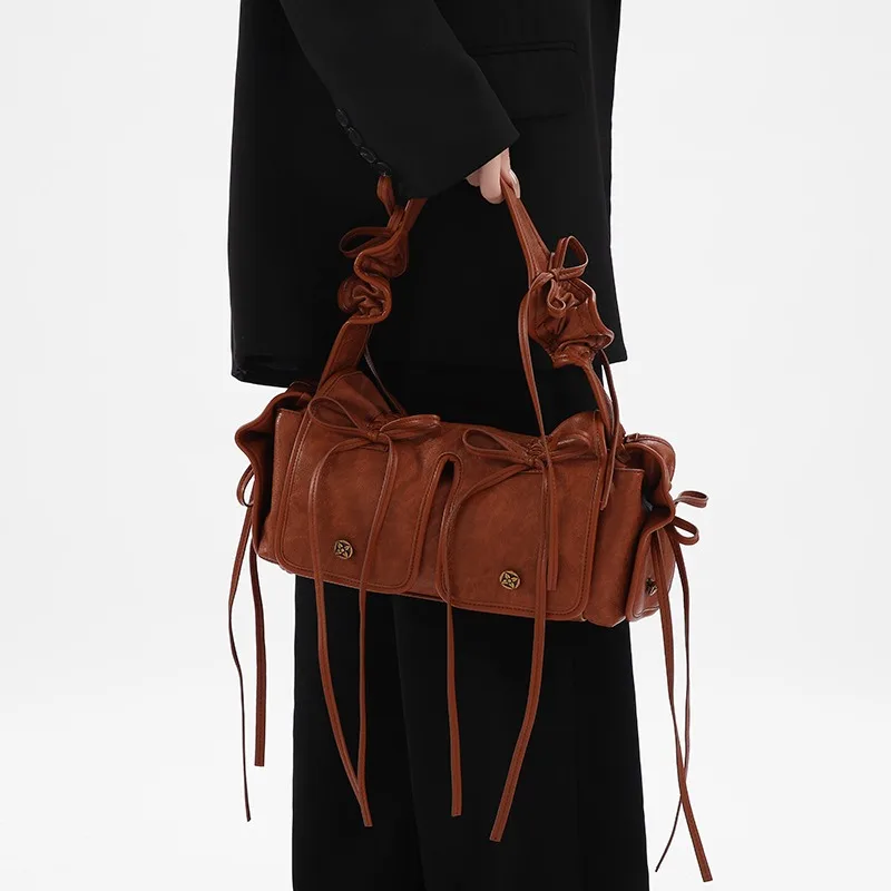 Cross-border 2026 Vintage Versatile Multi Pocket Lace-up Pleated Tote Bag Shoulder Bag Large Capacity Handbag Everyday Matching