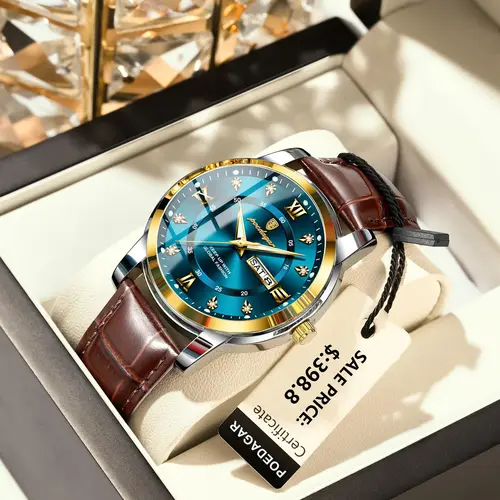Imagen 2 del producto Reloj de pulsera POEDAGAR de lujo para hombre de negocios, reloj de cuero luminoso resistente al agua para hombre, reloj deportivo informal con fecha y semana, relojes de cuarzo para hombre