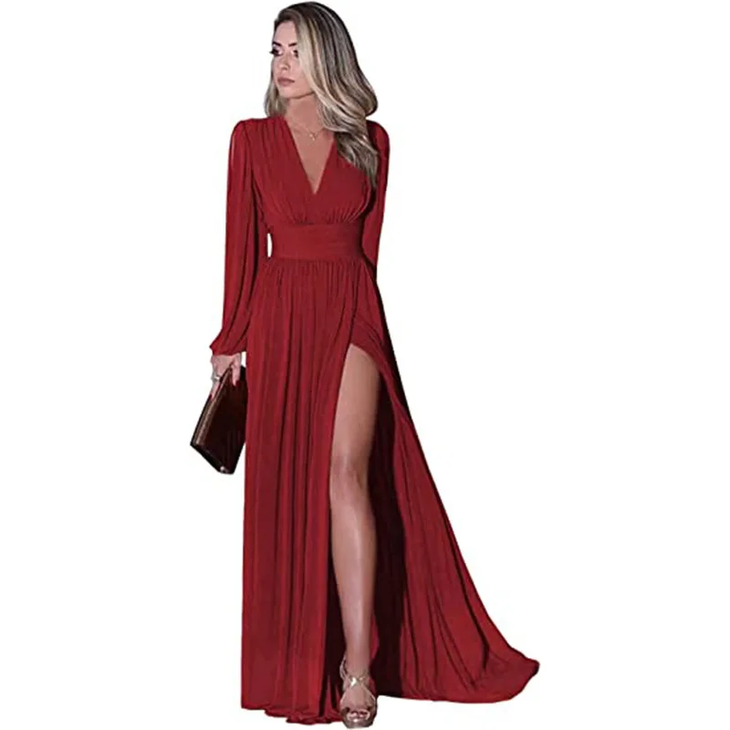 

V-neck Long Sleeve Design Feminine Elegant Formal Dresses Slim Waist Split Evening Dress Temperament Pleated V-back