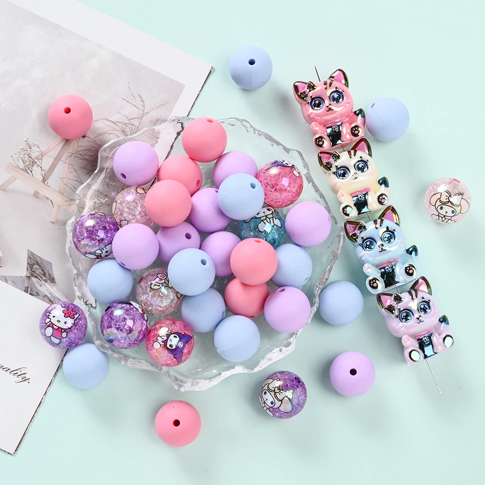 

38Pcs Silicone Round Beads Cartoon Resin Printed Beads Set for Handmade DIY Pacifier Clips Holder Teether Necklace Accessories