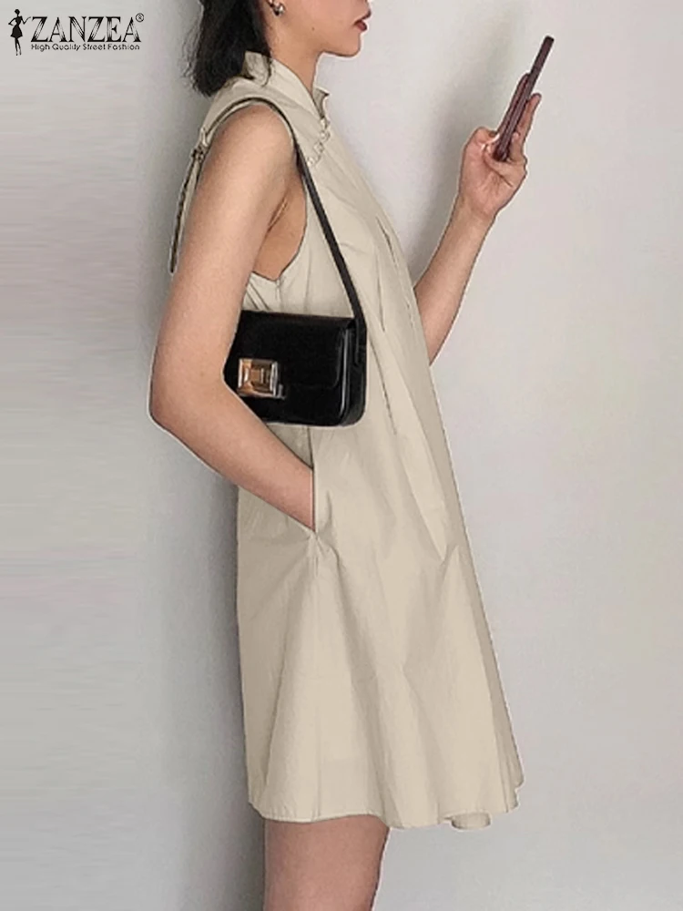 ZANZEA 2024 New Chinese Dresses Women Solid Pleating Sundress Vintage Mandarin Collar Robe Fashion Sleeveless A-line Vestidos