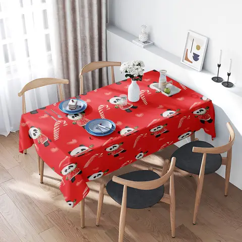Red Printed Tablecloth with Panda Pattern for Christmas Party Decorations/Table Linens/Winter Festive Table Runners/Rectangular
