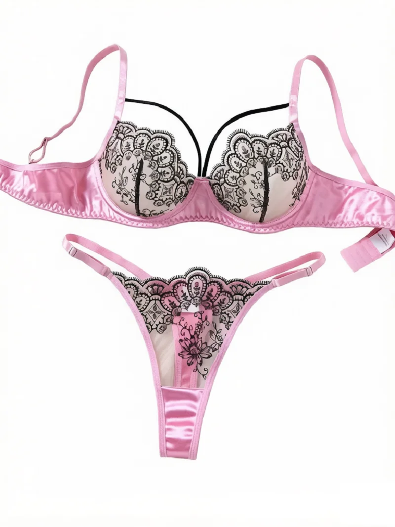 Sheer Mesh Bra - Ensemble de lingerie contrastant en dentelle