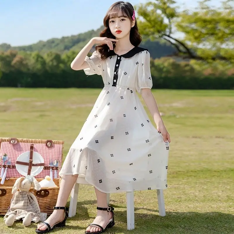 

Girls' Dress 2025 New Spring and Summer Doll Collar Long Skirt Over The Knee Girls Summer Chiffon Dress
