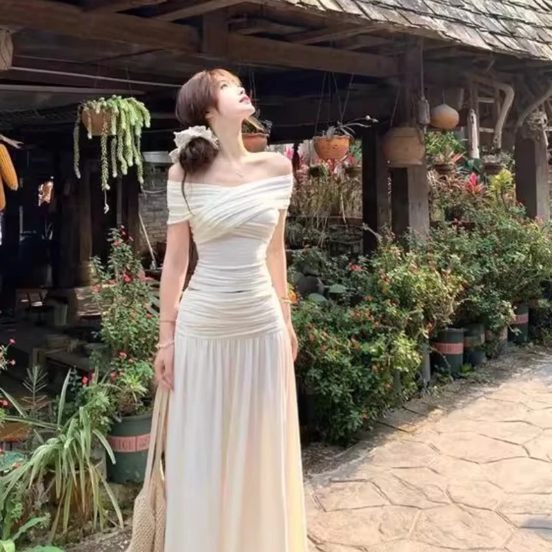 Robe irrégulière froncée en maille pour femmes, col Slash, manches courtes, slim, extensible, tendance, élégante, longue, moulante, tenues