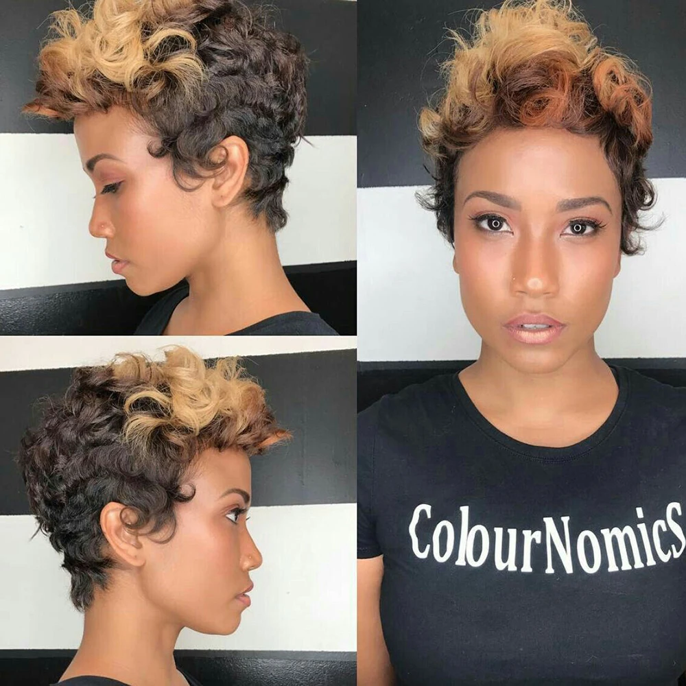 شقراء أومبير قصيرة عابث قطع شعر مستعار غريب مجعد الباروكات مع خط الشعر قبل قطعها للنساء السود كامل آلة صنع قبعة الشعر البرازيلي