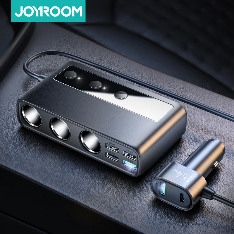 Joyroom 154W 9 in 1Car Charger Adapter PD 3 Socket Cigarette Lighter Splitter Charge Independent Switches DC Cigarette Outlet