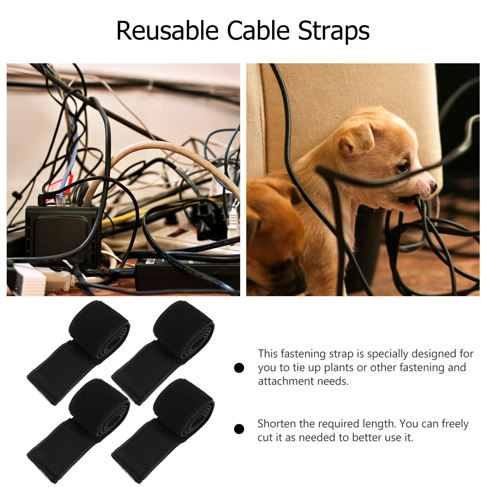 4Pcs Loop and Hook Sticky Elastic Fastening Bands Durable Polyester Rubber Straps for Indoor Outdoor Binding Security Use