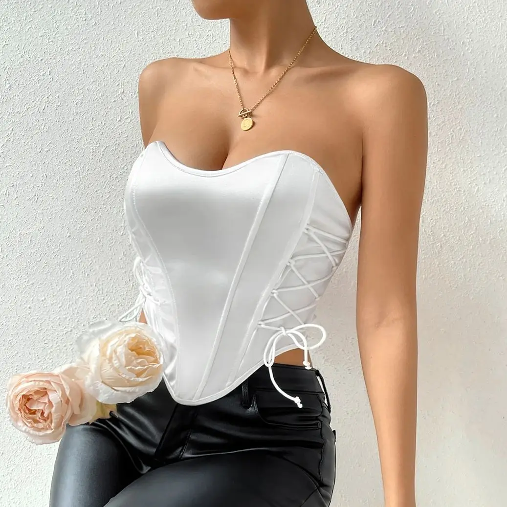 Vemina Sexy Hottie Solid Color Strapless Street Style Crop Top Backless Bandage Fishbone Waist Vest Bodysuit Shapewear Women