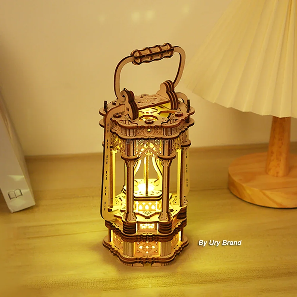 URY 3D Wooden Puzzle Lantern DIY Vintage Light Bedside Lamp Model Assembly Building Kits Desk Decoration Gift for Teens Adult