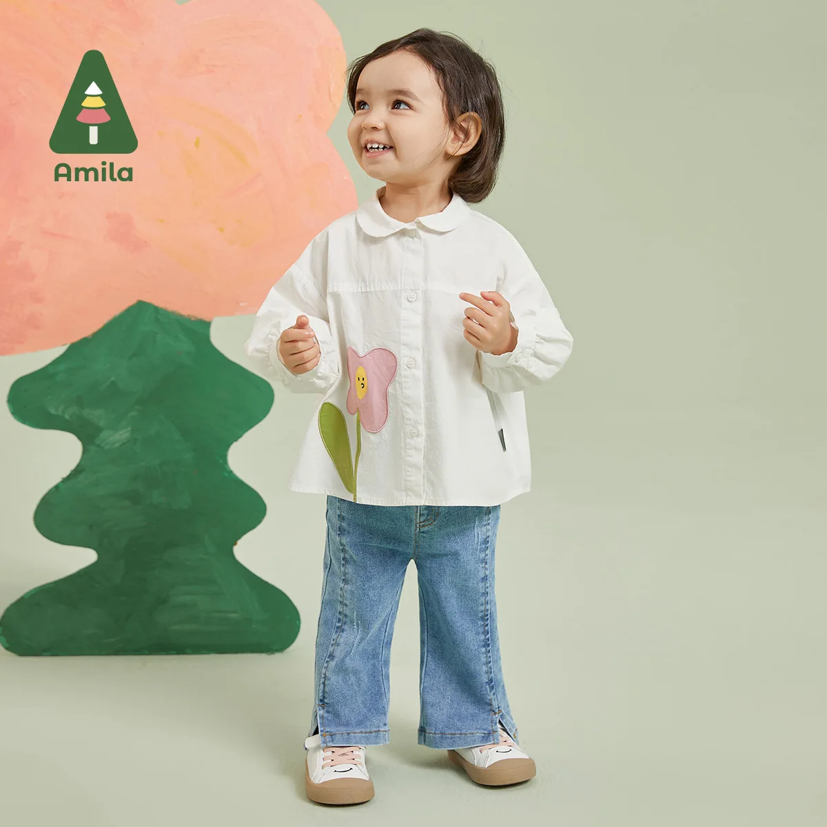 Amila Mother-Daughter Clothing Autumn New 2023 A-Type Version 100% Cotton Breathable And Soft Fashion Versatile Embroider Shirt