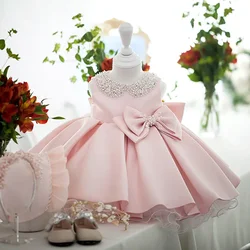 Toddler White Wedding Satin Princess Baby Girl Dress Bow 1 Year Birthday Evening Party Newborn Christening Dress for Girl Clothe