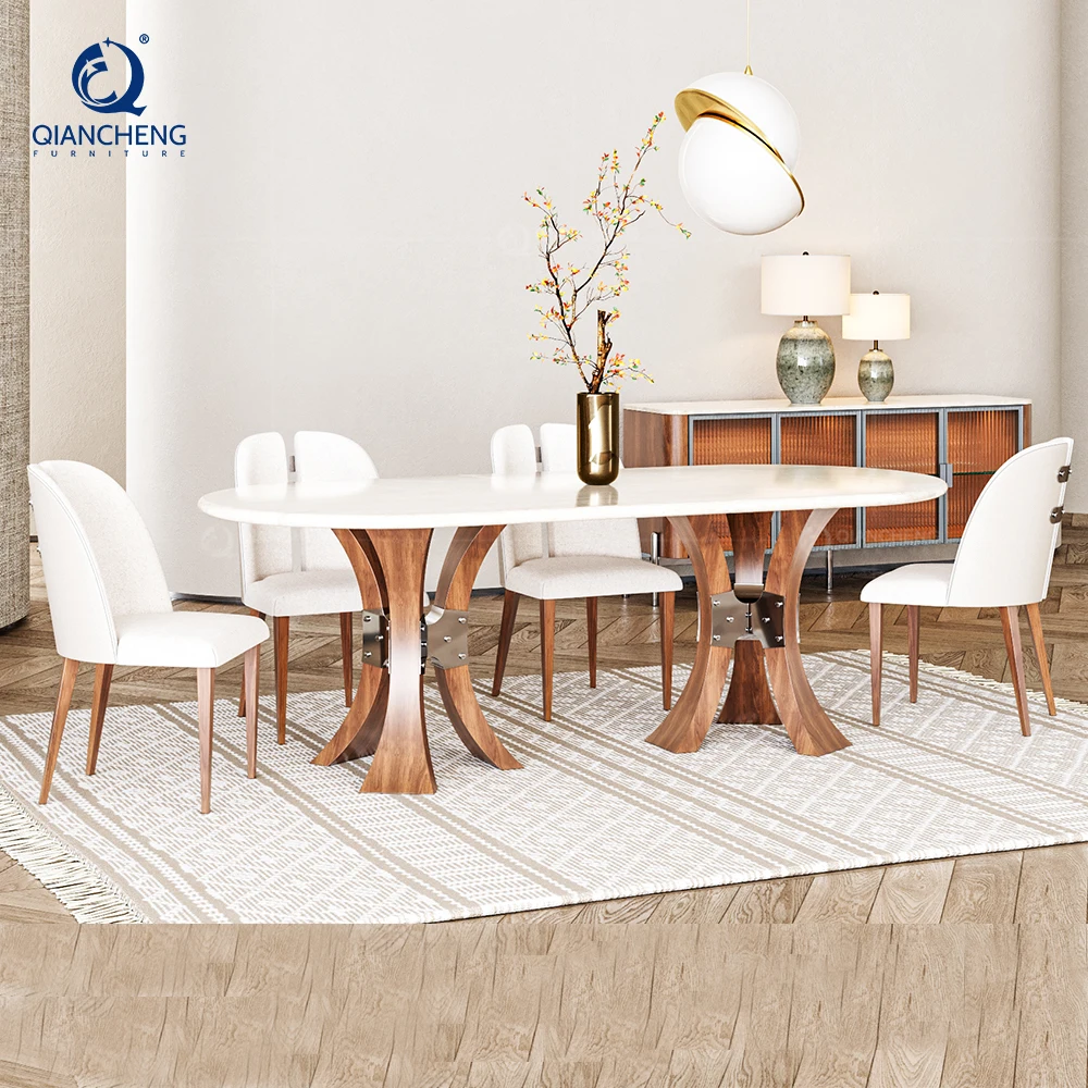 

Dining Table Set 6 Seater Stainless Steel Wood Grain Table Dinning Room Furniture Modern Luxury Nordic Silla