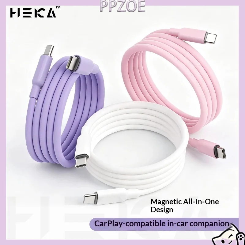 HEKA Magnetic Tangle‑Free Silicone Charging Cable 240W Fast Charging Self‑Winding Data Cord for iPhone Android Carplay Vehicle