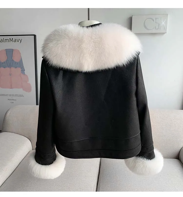 Large Luxury Natural Real Fox Fur Women Vintage Thick Short Faux Lamb Fur Jacket Autumn Winter Female Zipper Belt Coat