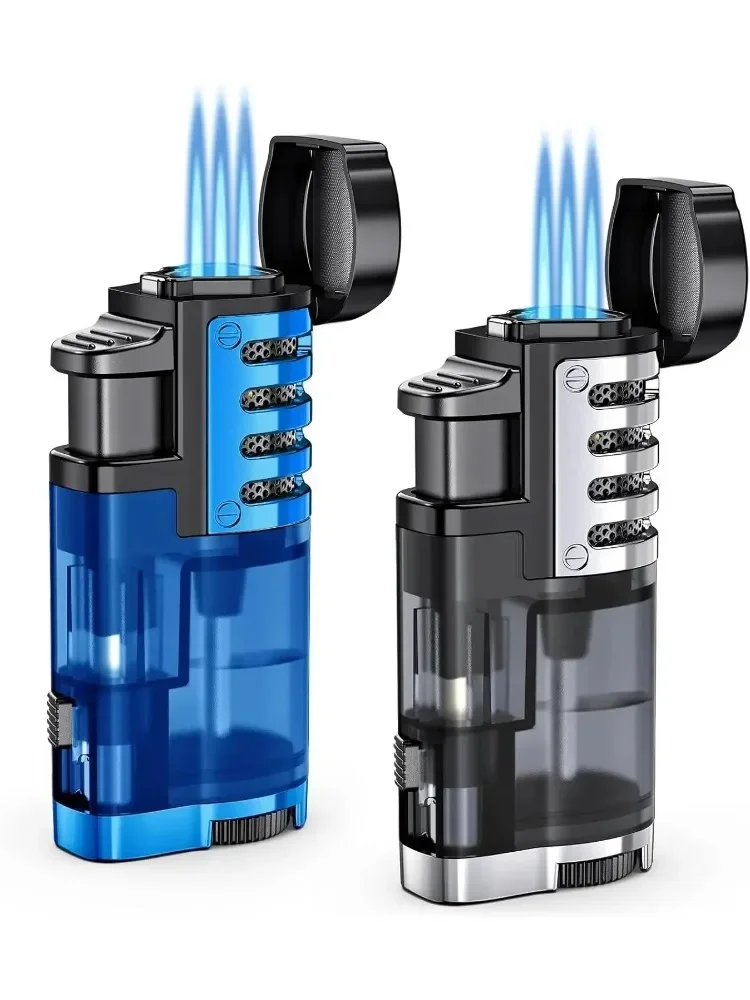 Windproof Triple Jet Refillable Butane Lighter, Adjustable Flame & Transparent Large Fuel Tank, EDC Gear for BBQ Camping Hiking
