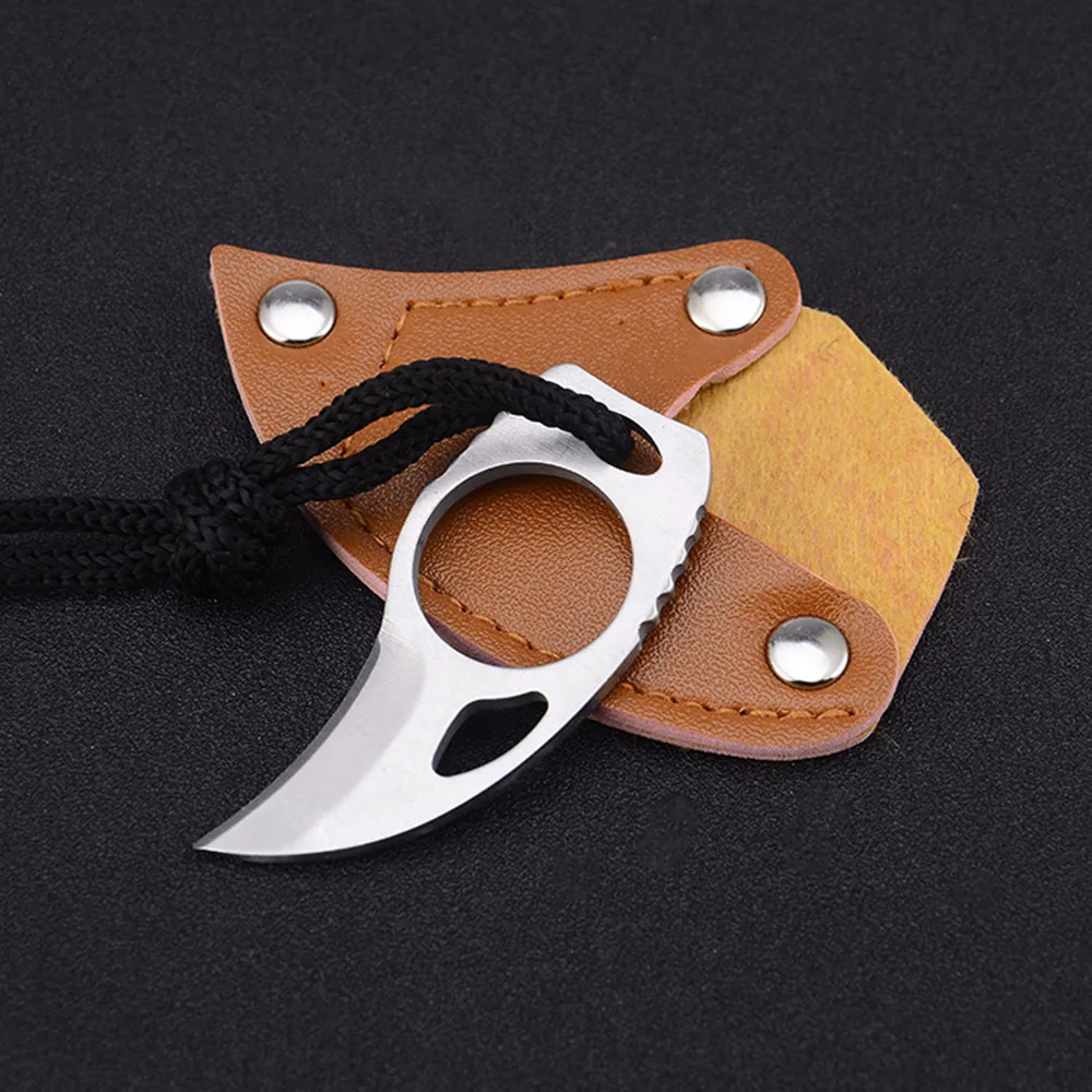 Outdoor Camping Carabiner Survival Finger Claw Knife Hook Fixed Ring Card EDC Tool Mini Pocket Knife with Leather Sheath