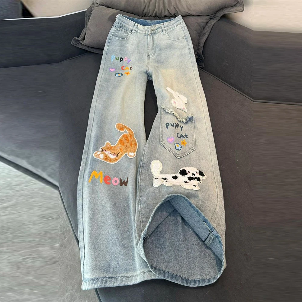 

American retro cartoon embroidered straight jeans women's summer new loose and thin design wide-leg pants trendy