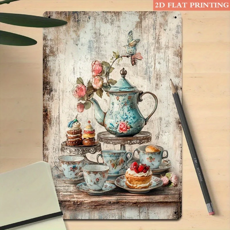 2D Flat, Shabby Chic Teapot Cup Cake Butterfly Metal Tin Sign Rustic Floral Tea Time Poster Kitchen Dining Room Wall Decoration