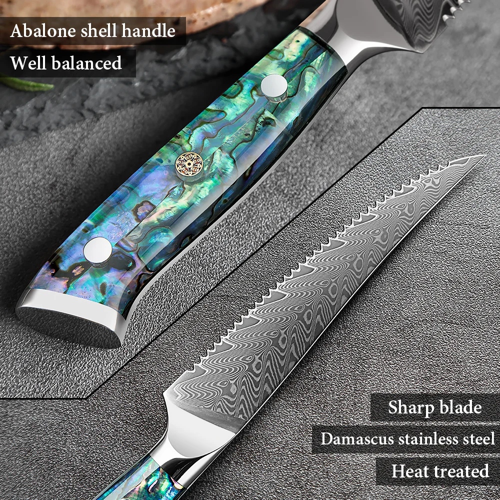 XITUO 1-6 PCS Steak Knife 67 Layer Damascus Steel Serrated Steak Knife Sharp Blade Kitchen Practical Knives Abalone Shell Handle