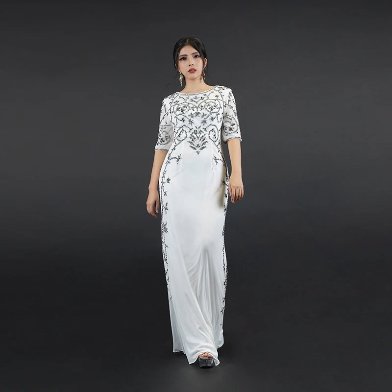 

Baisha Vintage Evening Dress Round Neck Plus Size Custom Elegant White Dress Half Sleeve Mermaid Gown For Women Party C15