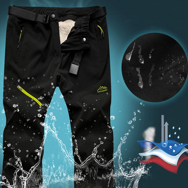 Winter Thick Warm Outdoor Pants Men Tactical Waterproof Long Trousers Trekking Camping Pants Removable Fur Lined Velvet Inside