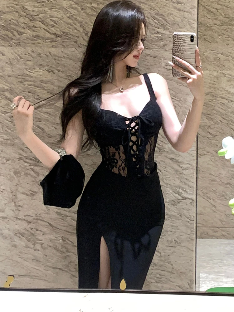 ผู้หญิงเกาหลีVINTAGE Hepburnชุดราตรี 2025 ลูกไม้สีดําHollow OUT Chic BANDAGEเซ็กซี่ชุดฤดูใบไม้ร่วงElegant Bodyconชุดราตรี