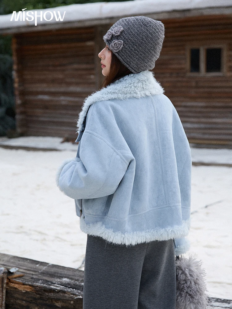 MISHOW سترة نسائية زرقاء 2025 شتاء أزرق قطيفة بياقة مقلوبة معطف بسحاب موضة غير رسمية معطف فضفاض دافئ امرأة MXE87W0917