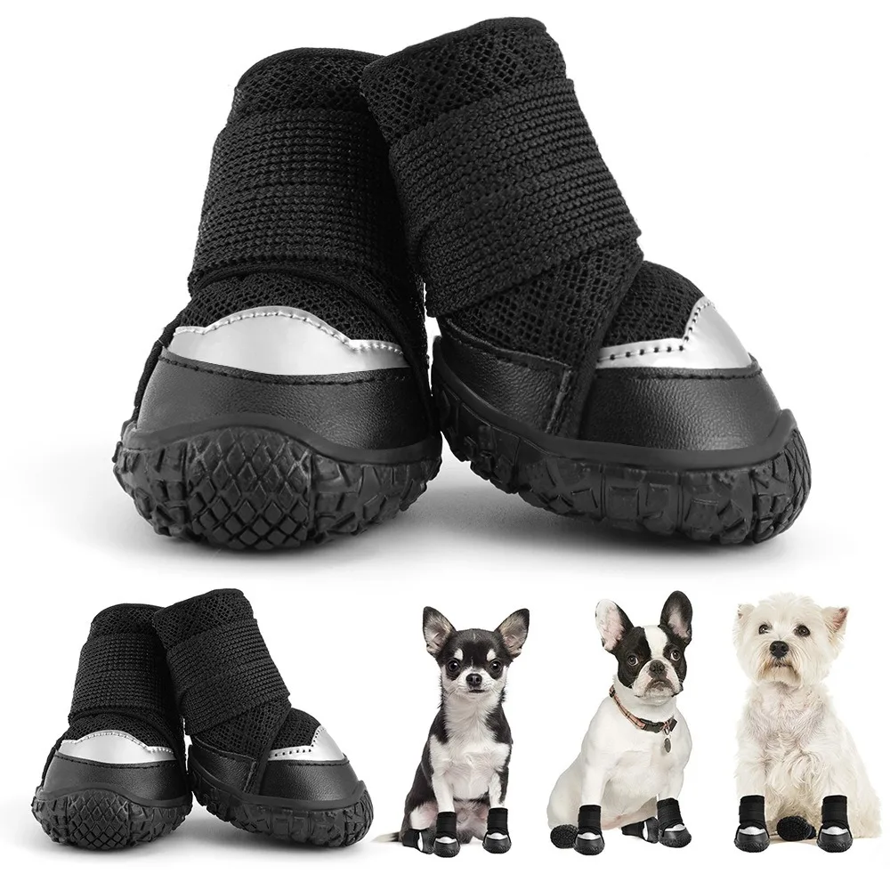 4pcs/set Durable Breathable Dog Boots Wear-resistant Waterproof Puppy Mesh Shoes Soft Anti-Slip Dog Shoes Running