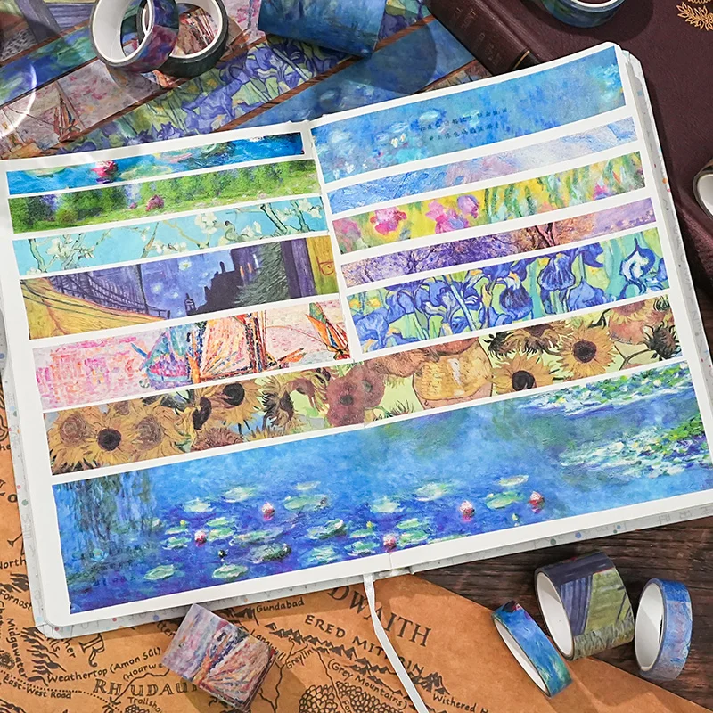 صندوق مكون من 32 لفة من لوحة زيتية فان جوخ السماء المرصعة بالنجوم اشي مجموعة شريط هدية صندوق ريترو ملصقات مخططة فنية ملونة ملصقات شريط المواد الزخرفية