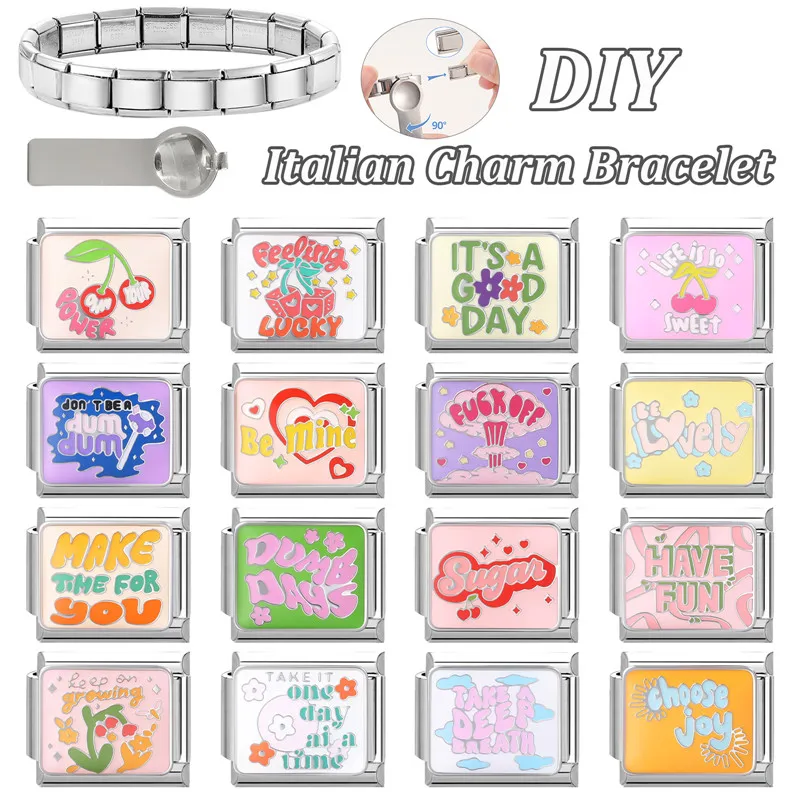 الكلمات الملونة الفن تصميم السلطة محظوظ متعة يكون بلدي سحر الإيطالية رابط صالح 9 مللي متر الفولاذ المقاوم للصدأ سوار الرجال النساء DIY بها بنفسك صنع