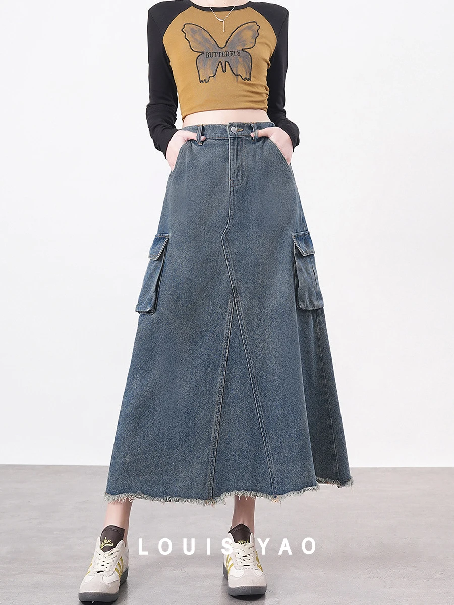 

LOUIS YAO Women Denim Skirt 2024 Spring New A-line Long Multiple Pockets Safari Style High Waist Skirt for Women