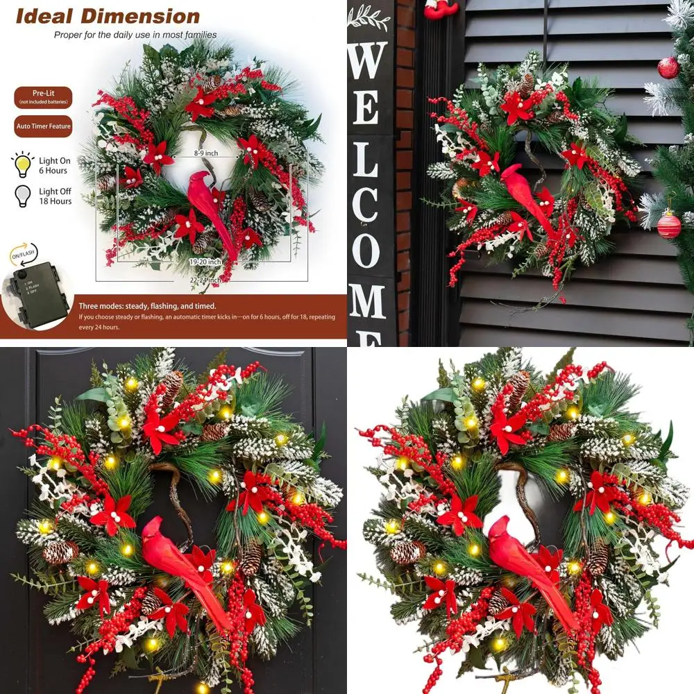 

24 венера с подсветкой, декоративный праздничный венок для входной двери, рождественский венок из сосновой и ягоды, домашний/наружный декор